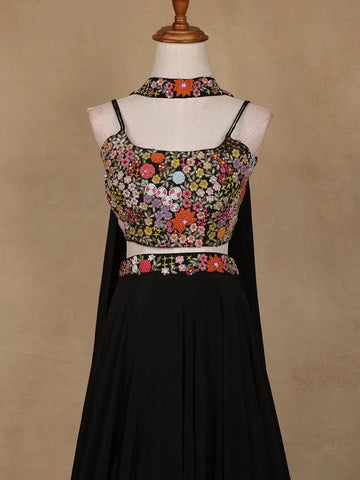 Black Floral Embroidered Satin Lehenga - Diadem