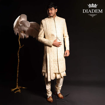 Cream White Raw Silk Floral Designed Sherwani Suit - Diadem
