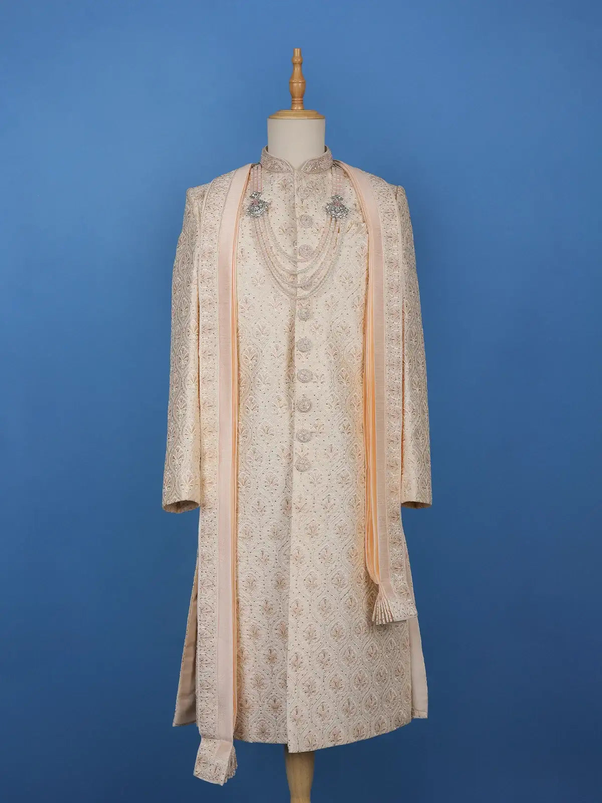 Ivory Floral Embroidered Polyester Sherwani Suit with Dupatta - Diadem
