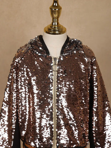 Black with Bronze Sequins Embellished Hoodie Jacket - Diadem