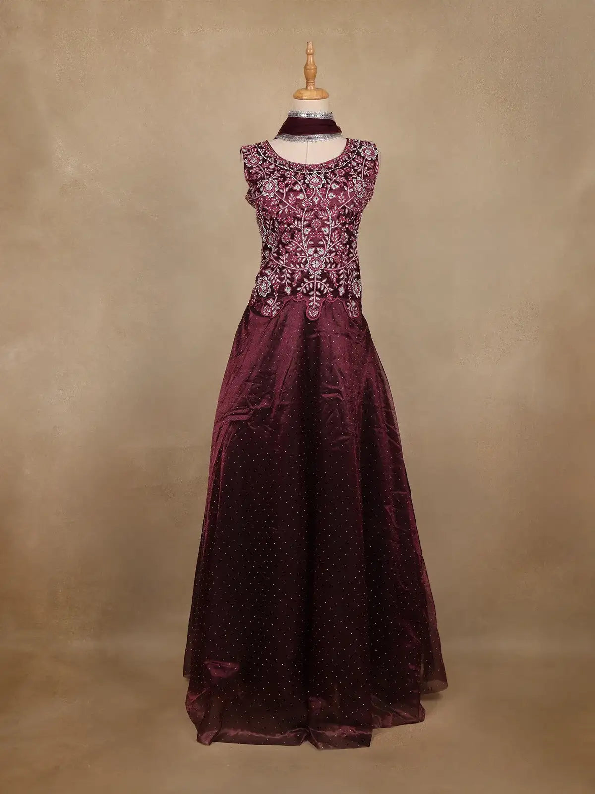 Maroon Floral Embroidered Organza Gown - Diadem