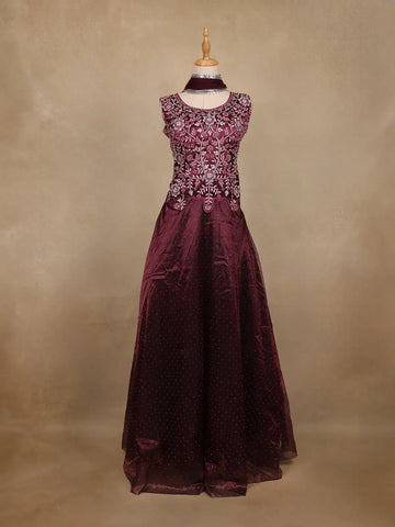 Maroon Floral Embroidered Organza Gown - Diadem