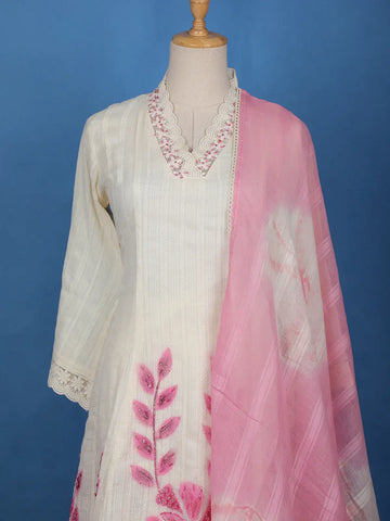 Ivory Leaf Printed Cotton Salwar Suit - Diadem