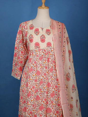 Ivory Floral Printed Cotton Salwar Suit - Diadem