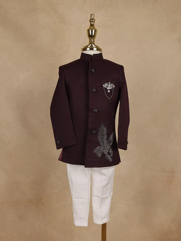 Wine Eagle Design Embroidered Polyester Sherwani and Pant Set - Diadem