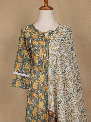 Green Floral Design Printed Cotton Salwar Suit - Diadem