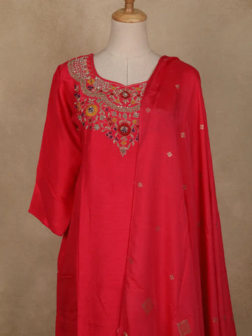 Bright Red Floral Embroidered Silk Cotton Salwar Suit - Diadem