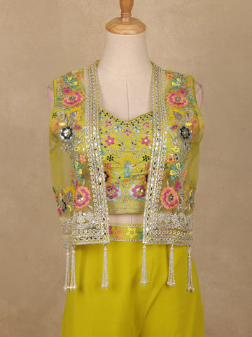 Lime Yellow Floral Sequins Embroidery Palazzo Suit - Diadem