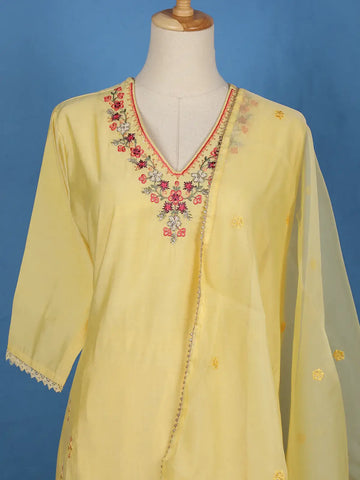 Yellow Floral Embroidered Silk Cotton Salwar Suit - Diadem