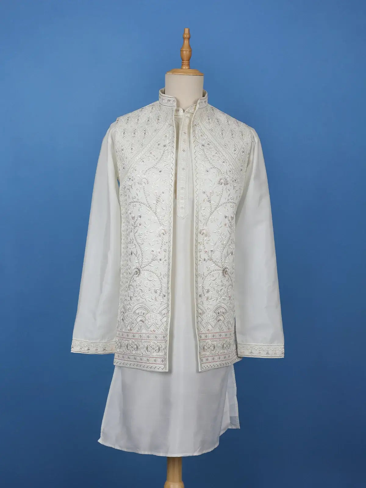 White Floral Embroidered Polyester Sherwani Suit - Diadem