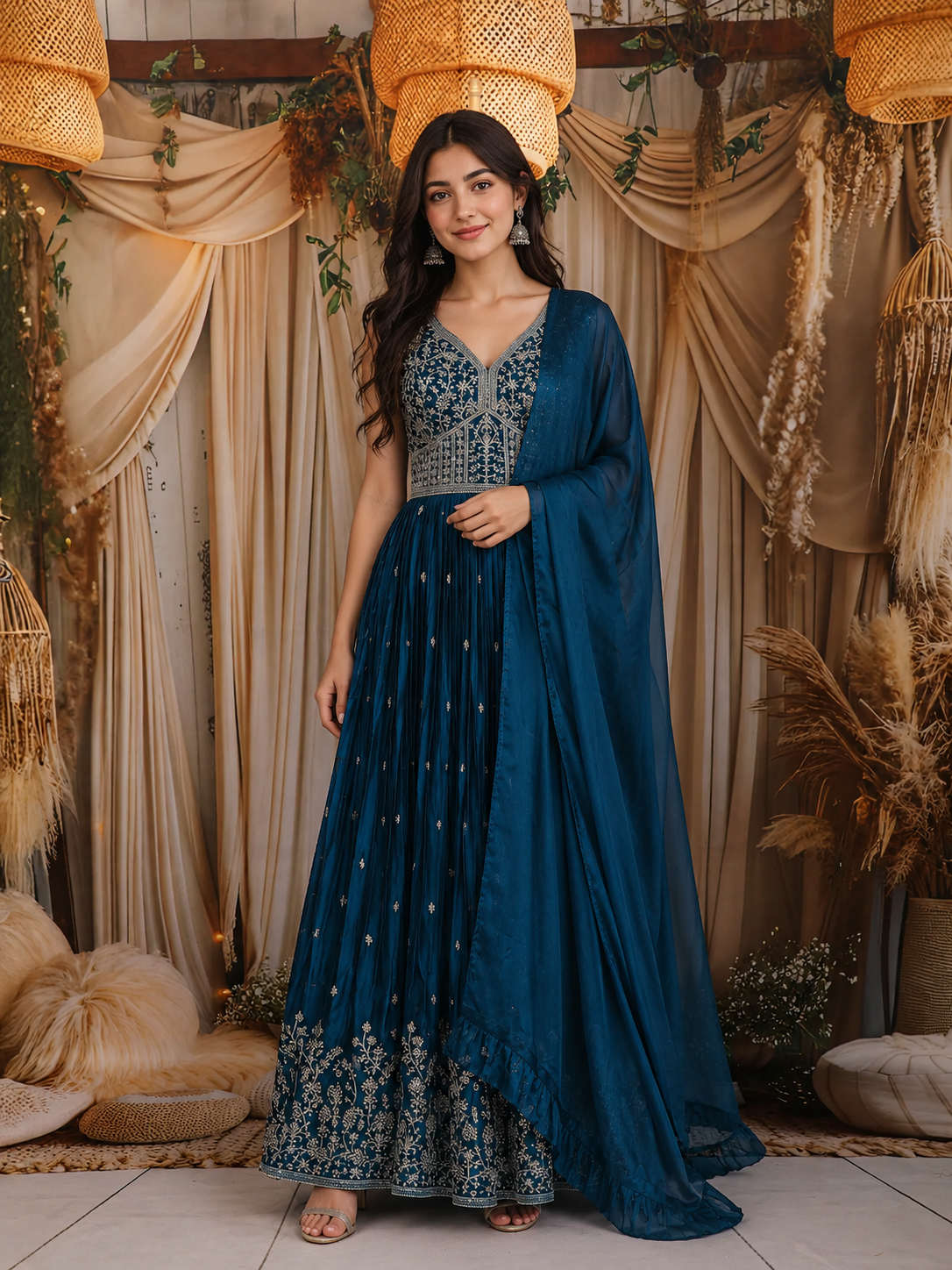 Blue Floral And Thread Work Design Organza Party Wear Gown | Diadem Blue Floral And Thread Work Design Organza Party Wear Gown | Diadem