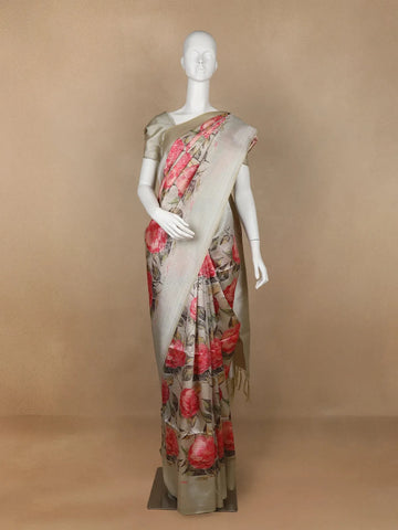 Grey Semi Tussar Silk Floral Designed Saree - Diadem