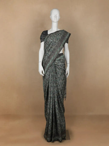 Black Floral Designed Semi Tussar Silk Saree - Diadem