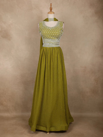 Green Floral Embroidered Crepe Bridesmaids Lehenga - Diadem