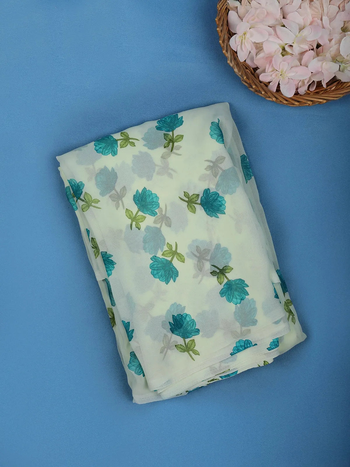 White Floral Printed Georgette Saree - Diadem