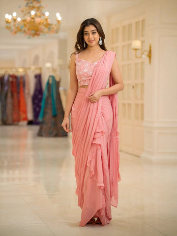 Pale Pink Satin Ready To Wear Saree With Plain Body Paired with Designer Blouse - Diadem