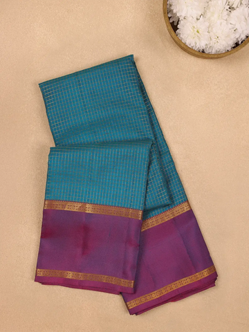Blue Checkered Woven Pure Kanchipuram Silk Saree - Diadem