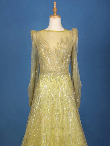 Pale Green Net Geometric Embroidered Designed Bridal Gown - Diadem