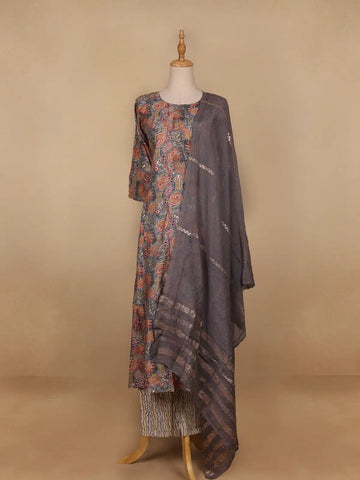 Grey Floral Designed Semi Silk Salwar Suit - Diadem