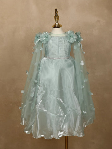 Pale Green 3D Floral Designed Party Gown for Girls - Diadem