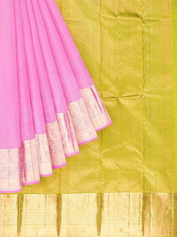 Light Pink Pure Kanchipuram Bridal Silk Saree with Dot Stripes Design on the Body and Zari Border - Diadem