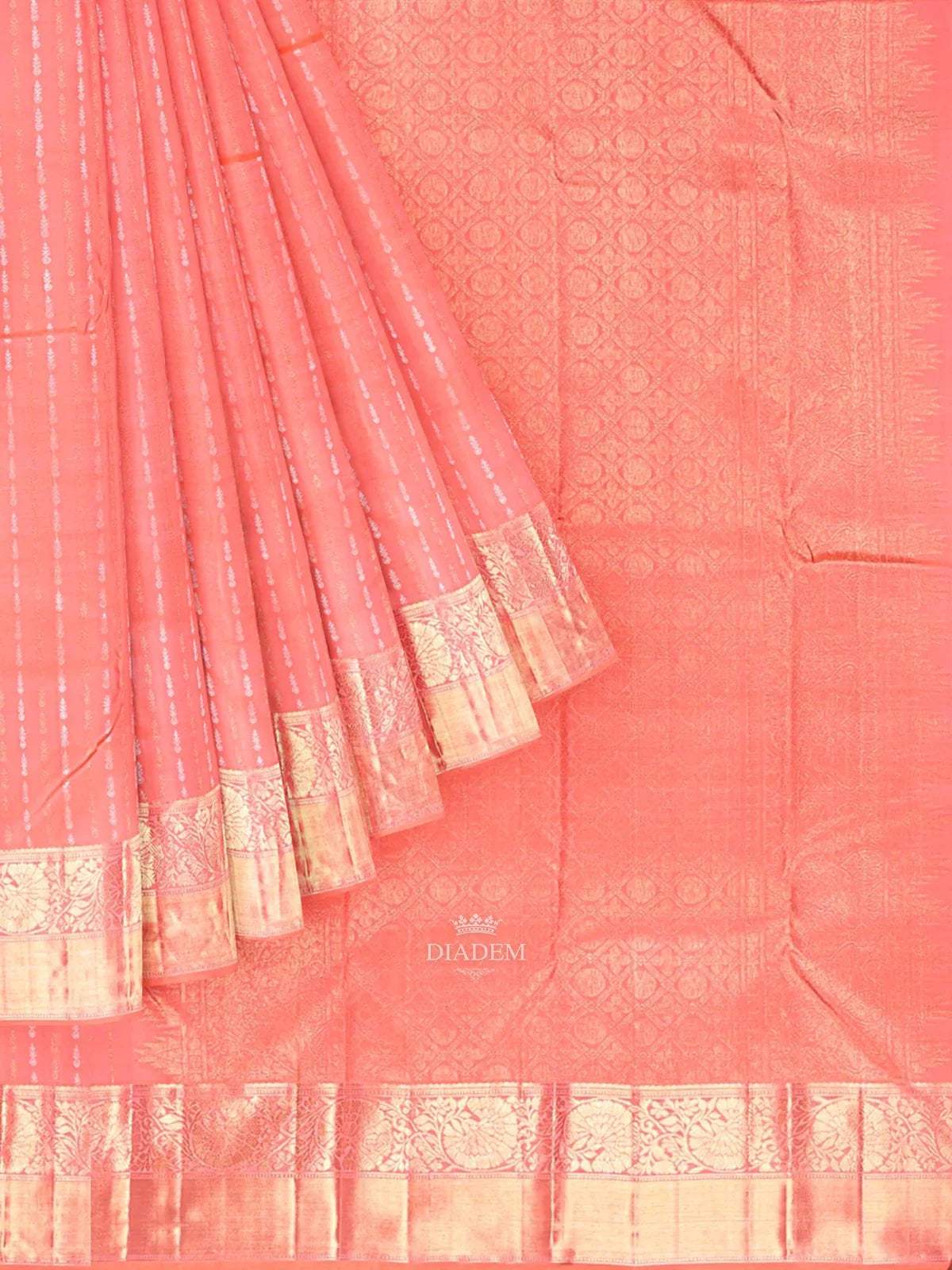 Orange Pure Kanchipuram Bridal Silk Saree with Floral Motif on the Body and Zari Border - Diadem