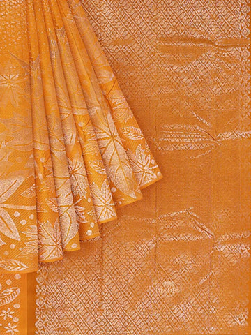 Mustard Orange Pure Kanchipuram Bridal Silk Saree with Floral Motif on the body and Without Border - Diadem