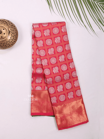 Red Pure Kanchipuram Bridal Silk Saree with Peacock Motif on the body and Zari Border - Diadem