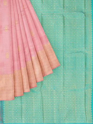 Teal Blue Pure Kanchipuram Silk Saree with Floral Motif on the Body and without Border - Diadem