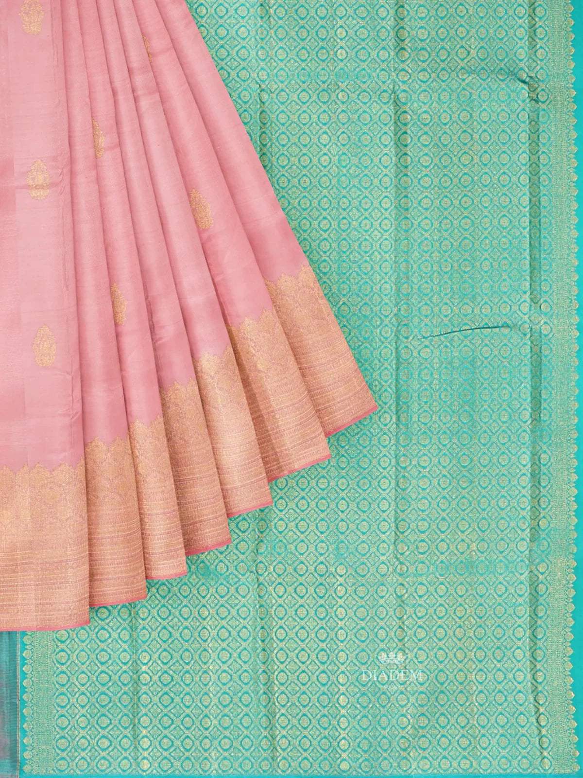 Peach Pink Pure Kanchipuram Bridal Silk Saree with Floral Motif on the body and Without Border - Diadem