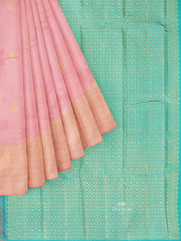 Peach Pink Pure Kanchipuram Bridal Silk Saree with Floral Motif on the body and Without Border - Diadem