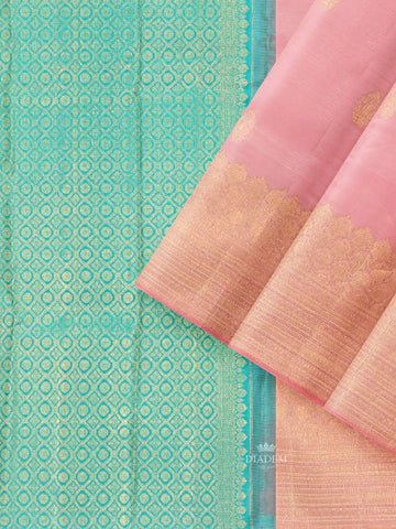 Peach Pink Pure Kanchipuram Bridal Silk Saree with Floral Motif on the body and Without Border - Diadem