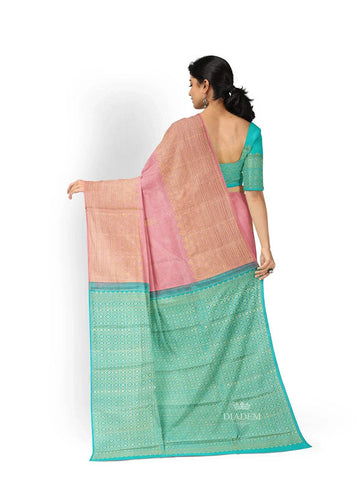 Peach Pink Pure Kanchipuram Bridal Silk Saree with Floral Motif on the body and Without Border - Diadem