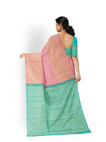 Teal Blue Pure Kanchipuram Silk Saree with Floral Motif on the Body and without Border - Diadem
