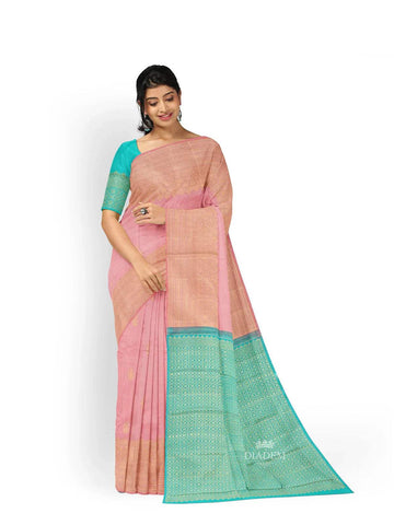 Peach Pink Pure Kanchipuram Bridal Silk Saree with Floral Motif on the body and Without Border - Diadem