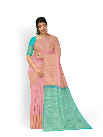 Teal Blue Pure Kanchipuram Silk Saree with Floral Motif on the Body and without Border - Diadem