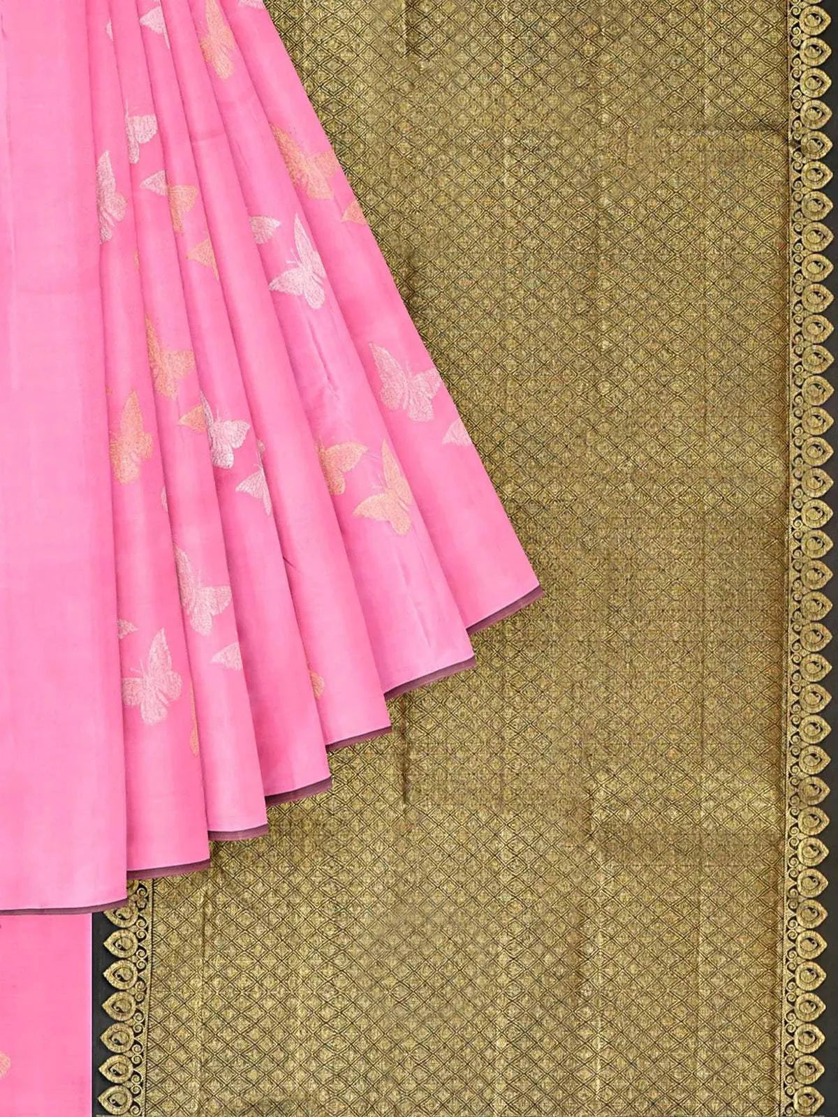 Pink Pure Kanchipuram Bridal Silk Saree with Butterfly Motif on the body without Border - Diadem