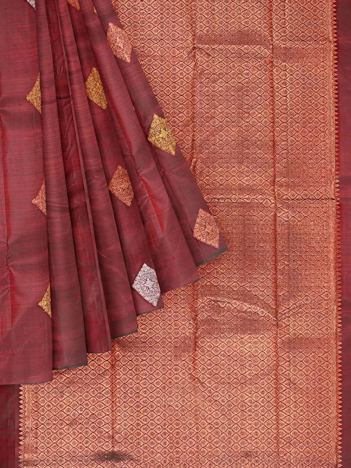 Maroon Pure Kanchipuram Pattu Saree with Zari Butta on the body and Without Border - Diadem