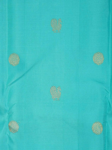 Turquoise Blue Pure Kanchipuram Bridal Silk Saree with Peacock and Chakra Motif Design with Zari Border - Diadem