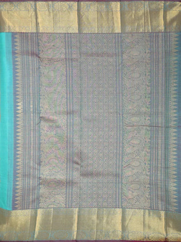 Turquoise Blue Pure Kanchipuram Bridal Silk Saree with Peacock and Chakra Motif Design with Zari Border - Diadem