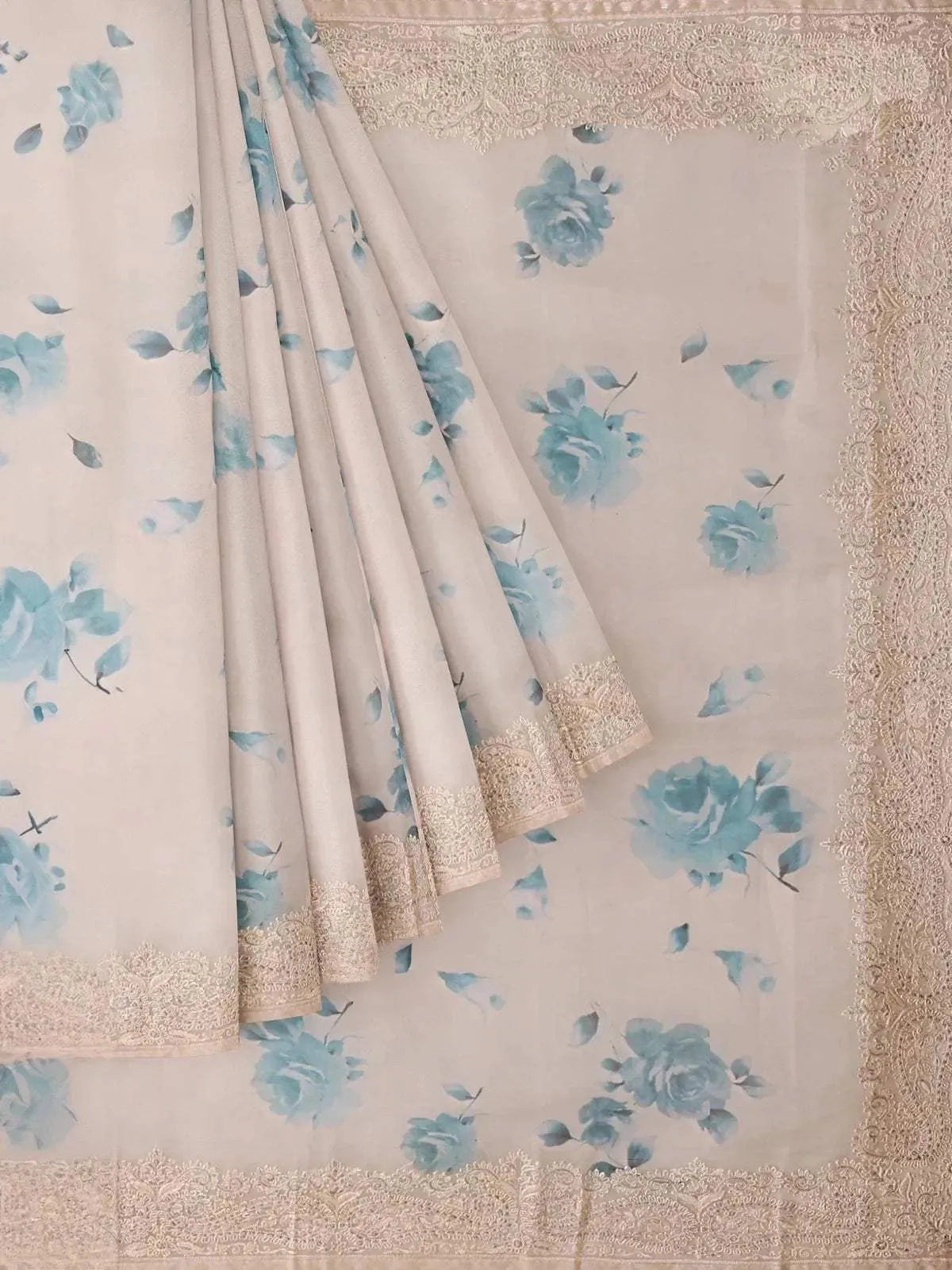 Light Beige Semi Organza Saree with Floral Prints on the body with Embroidery Border - Diadem