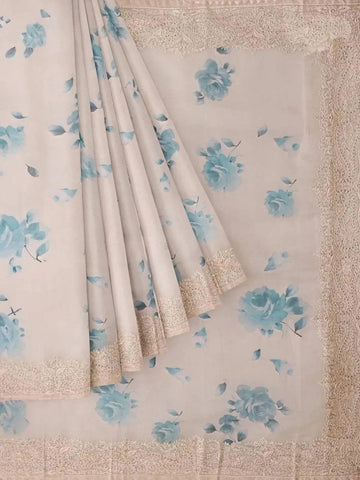 Light Beige Semi Organza Saree with Floral Prints on the body with Embroidery Border - Diadem