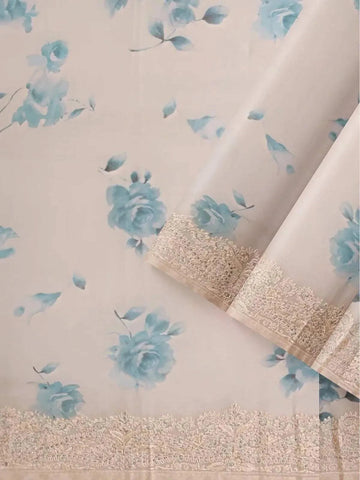 Light Beige Semi Organza Saree with Floral Prints on the body with Embroidery Border - Diadem