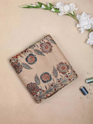 Light Orange Semi Tussar Silk Saree with Floral and Leaf Design on the Body and without Border - Diadem