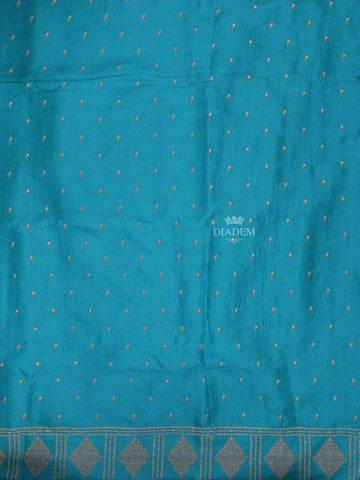 Teal Blue Semi Tussar Silk Saree with Small Flower Motif on the Body and without Border - Diadem