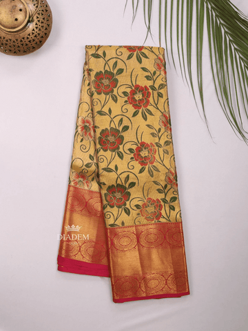 Gold Pure Kanchipuram Bridal Silk Saree with Floral Motif on the body and Contrast Zari Border - Diadem