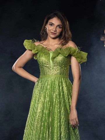 Green Net Gown with Sequins and Glitters - Diadem