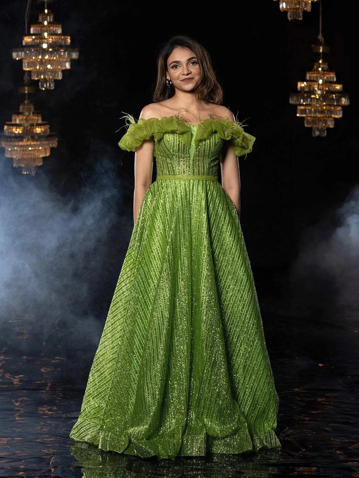 Green Net Gown with Sequins and Glitters - Diadem