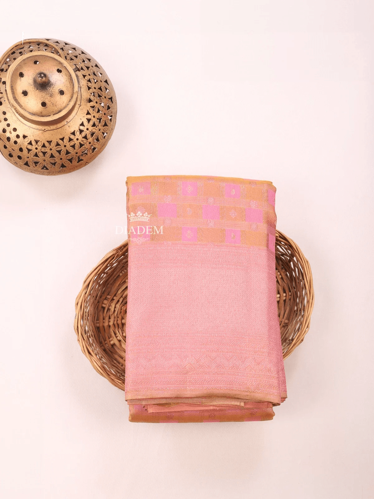 Pink Pure Kanchipuram Bridal Silk Saree with Checks on the body and Zari Border - Diadem