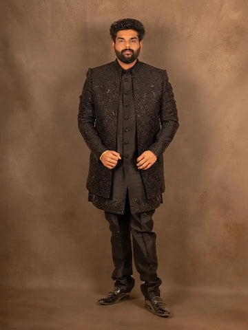 Black Raw Silk Floral Designed Sherwani Suit - Diadem